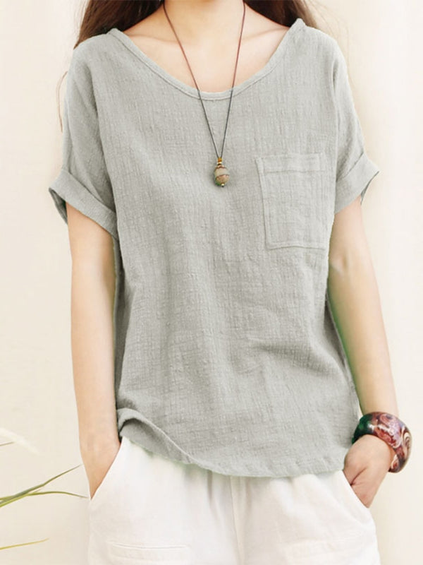 Green Loose Cotton Linen Blouse