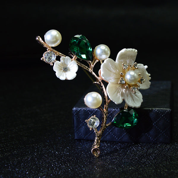 Shell And Pearl Flower Brooches